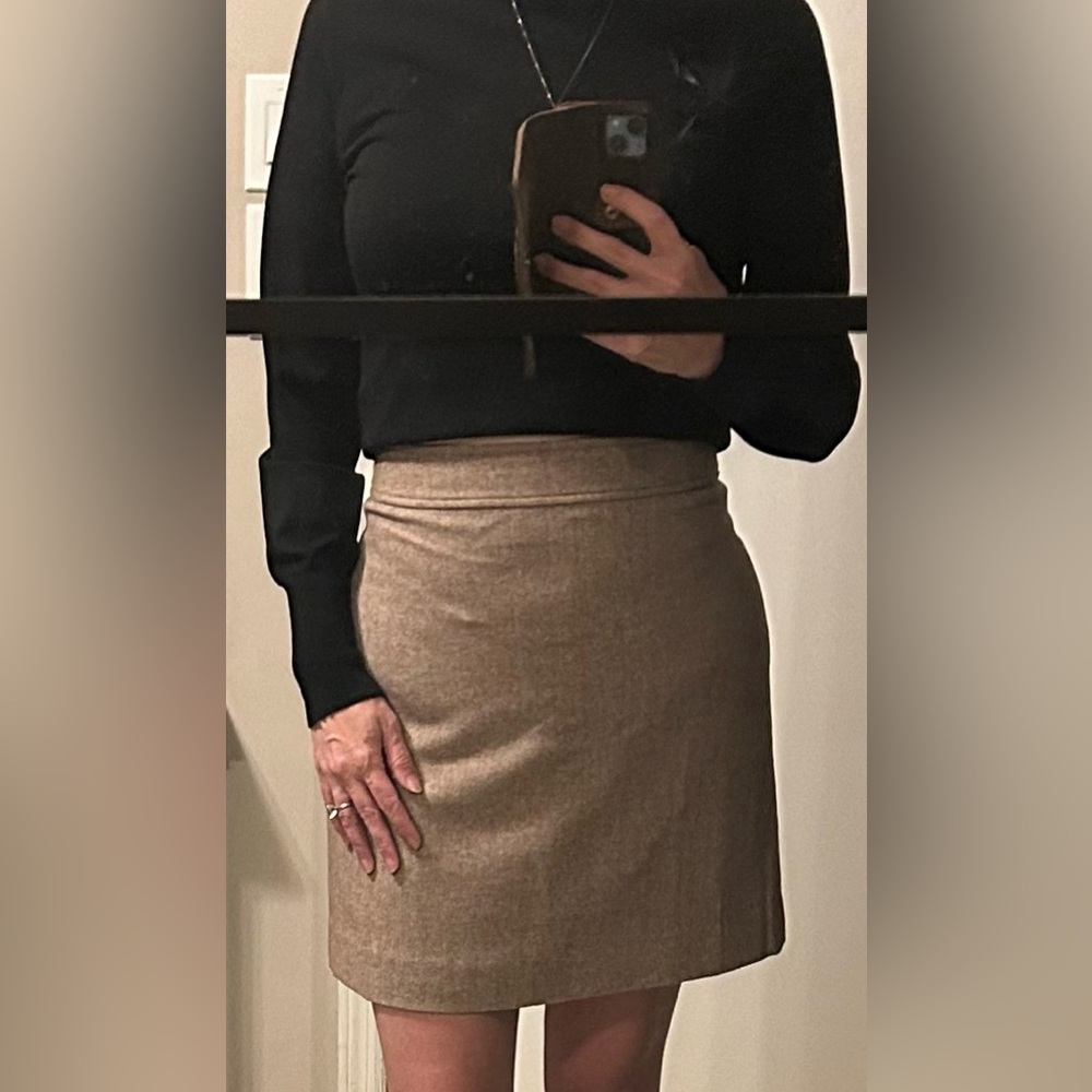 J. Crew Factory Wool Blend A-Line Mini Skirt in Beige Herringbone Pattern